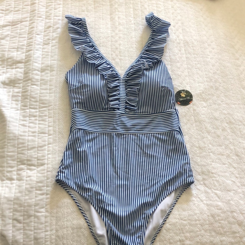 Blue and white stripe one-piece swimsuit.